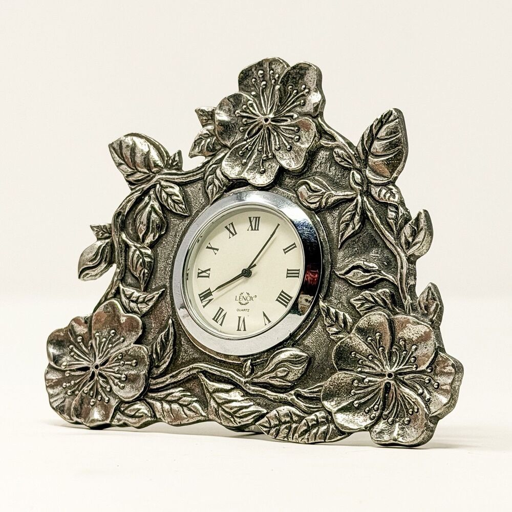 Lenox Kirk Stieff Pewter Floral Desk Clock Cherry Blossom Quartz Working